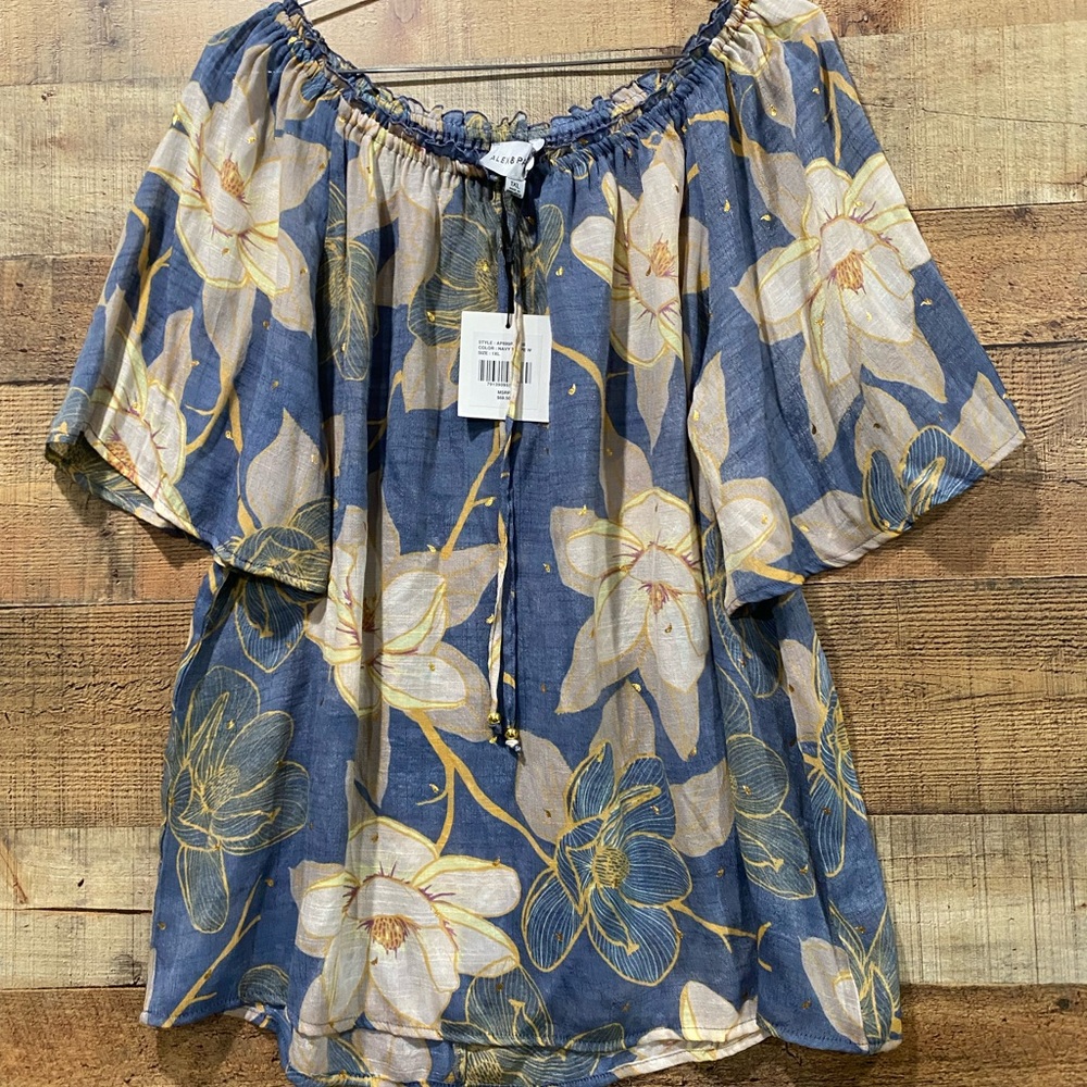 New With Tags Alex & Parker Blue & Cream Floral Blouse Size 1X